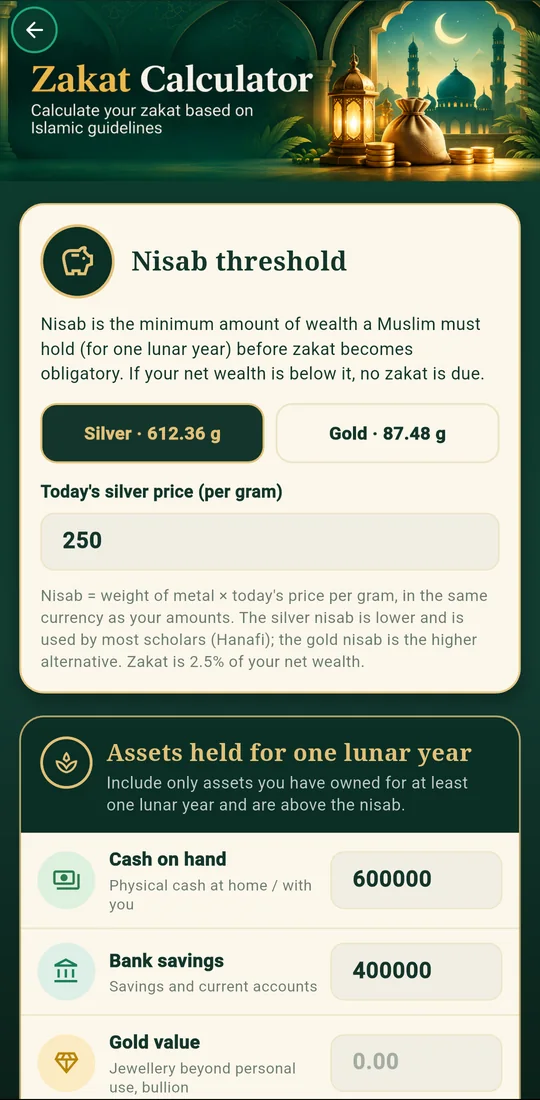 Zakat calculator and nisab