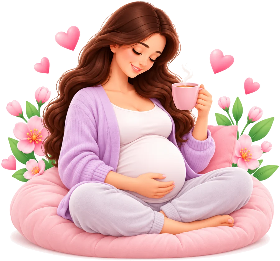 Illustration of an expecting mother relaxing with a cup of tea