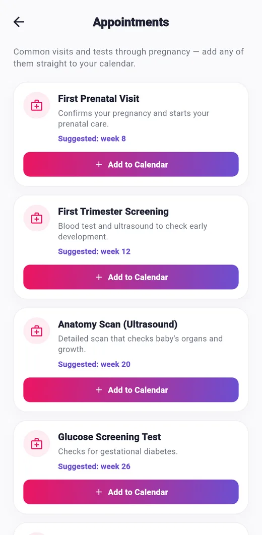 Appointments screen of the Pregnancy Tracker app