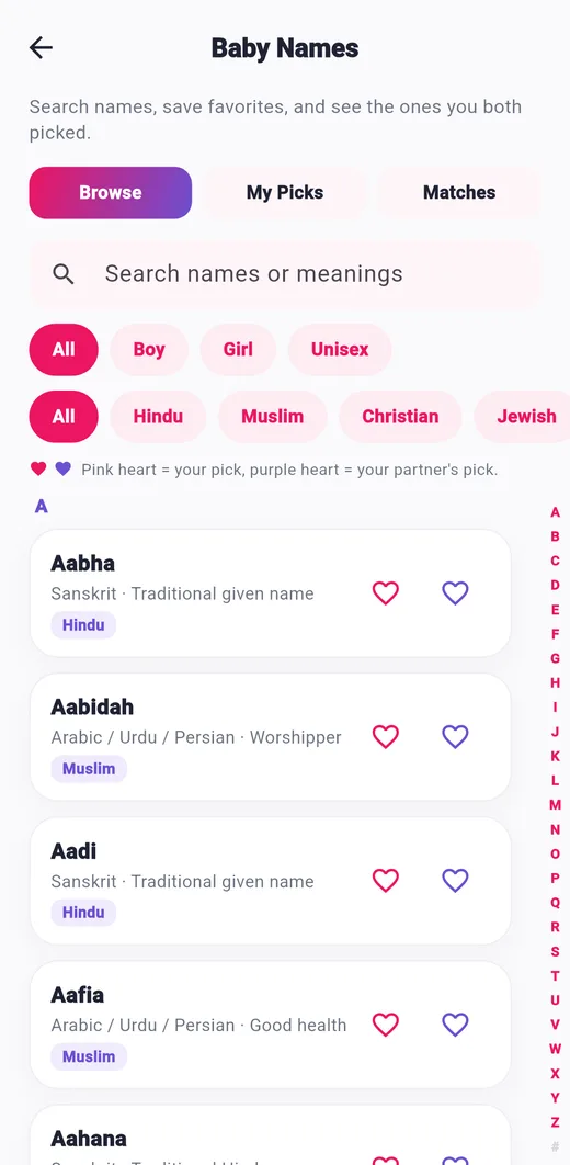 Baby names screen of the Pregnancy Tracker app