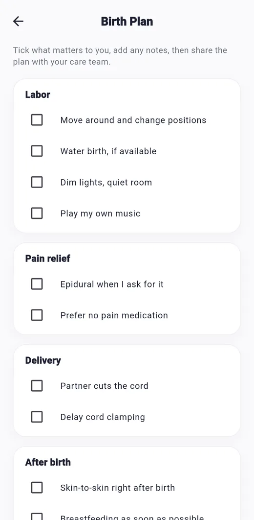 Birth plan screen of the Pregnancy Tracker app