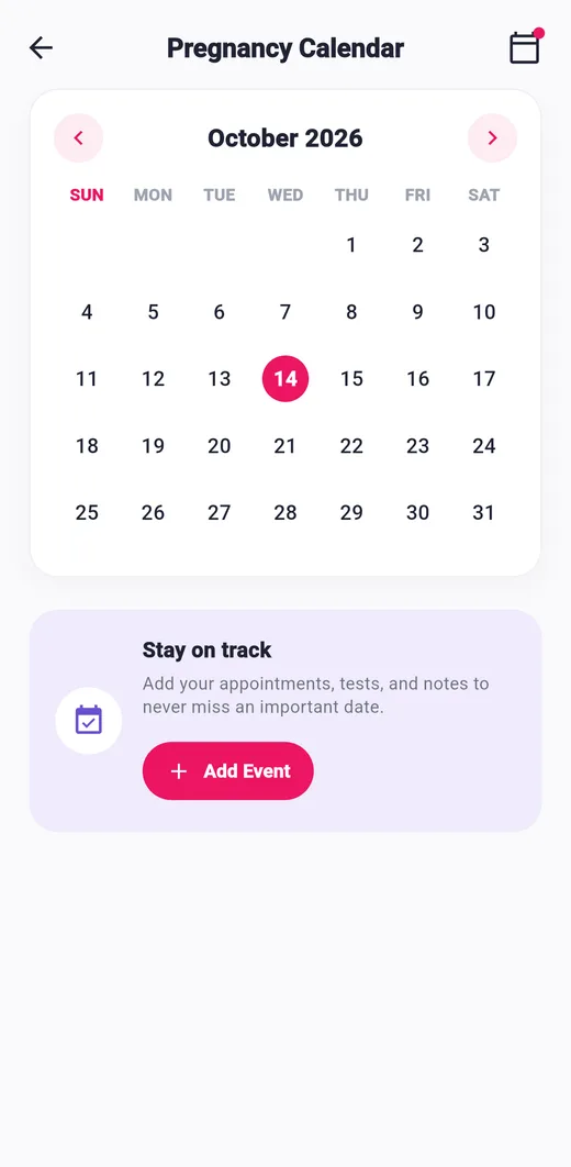 Calendar screen of the Pregnancy Tracker app