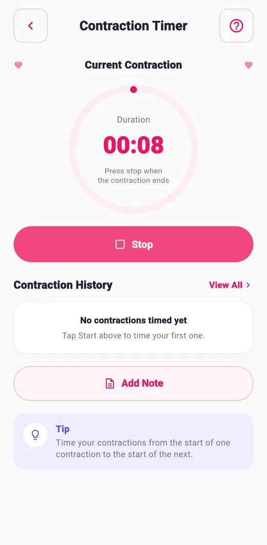 Contraction timer screen of the Pregnancy Tracker app