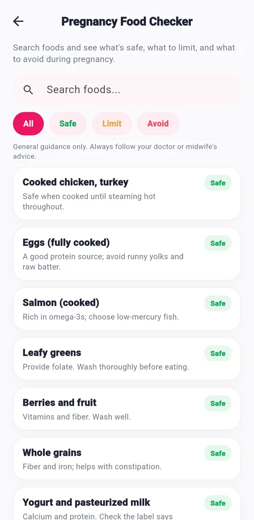 Food checker screen of the Pregnancy Tracker app