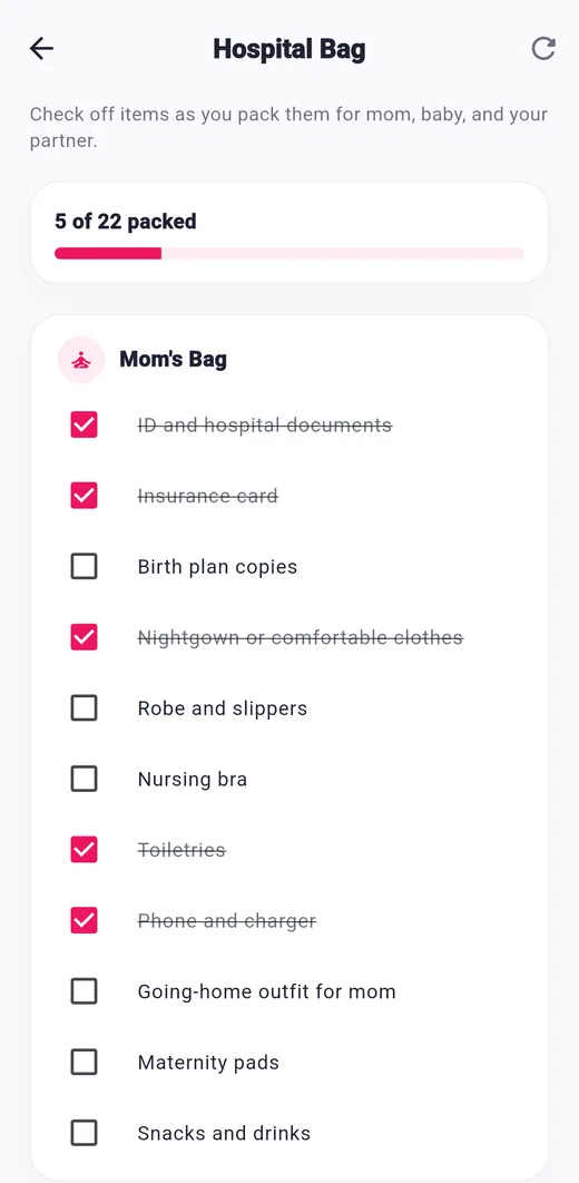 Hospital bag screen of the Pregnancy Tracker app