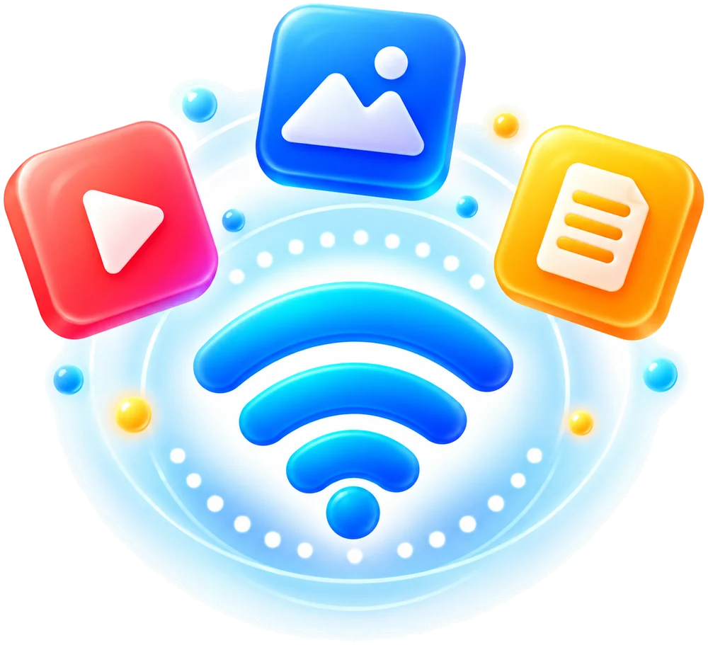 Wi-Fi symbol with photo, video and document tiles