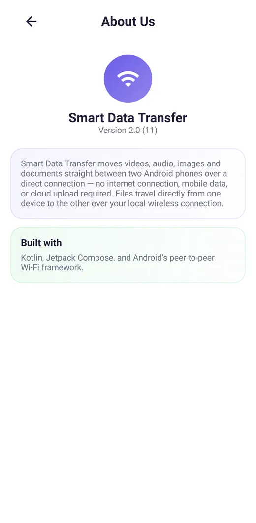 About screen of the Smart Data Transfer app