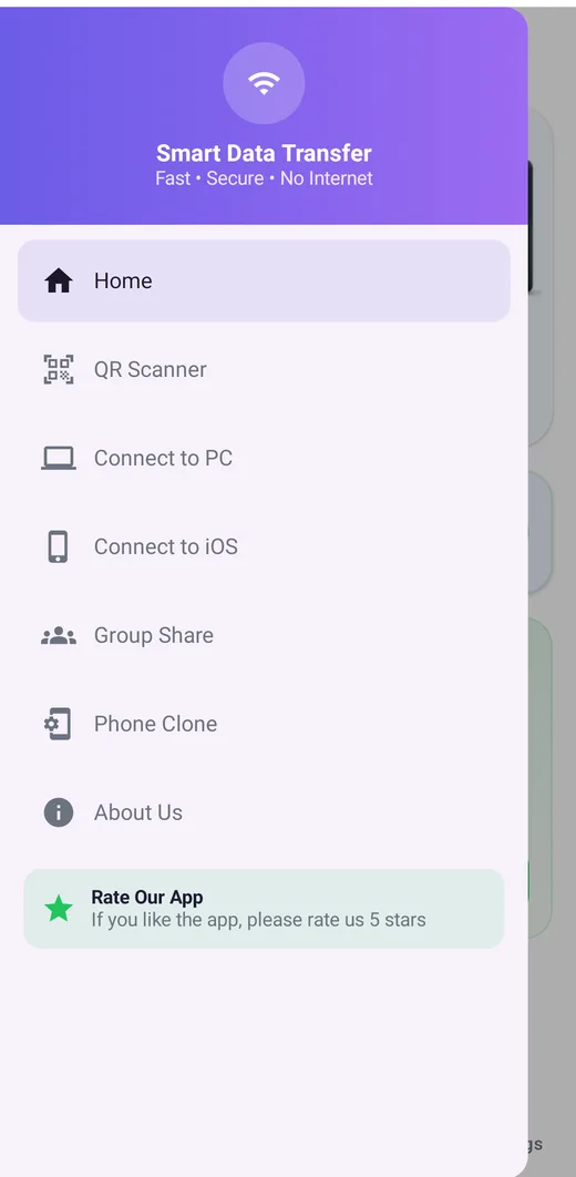 More ways to connect screen of the Smart Data Transfer app