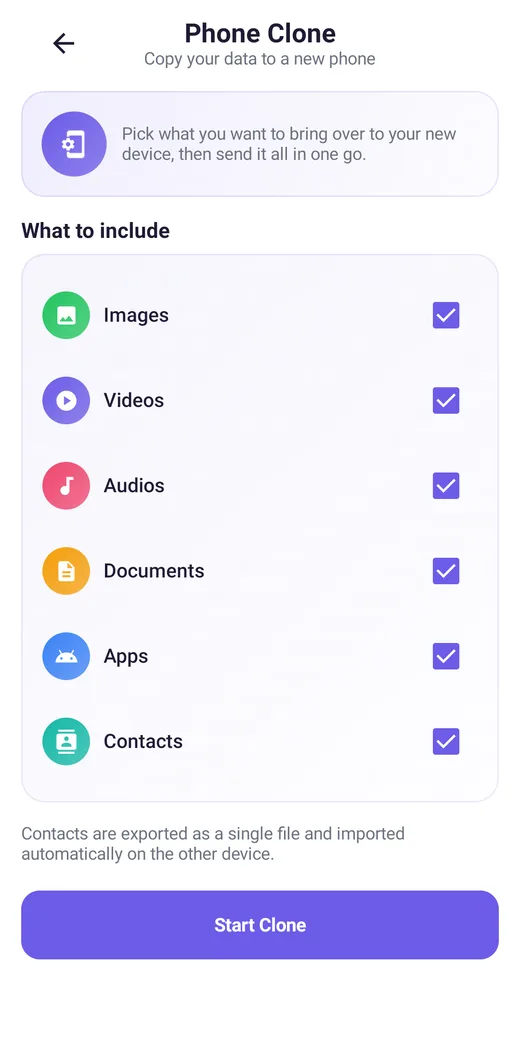 Phone Clone screen of the Smart Data Transfer app