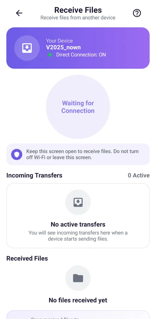 Receive files screen of the Smart Data Transfer app