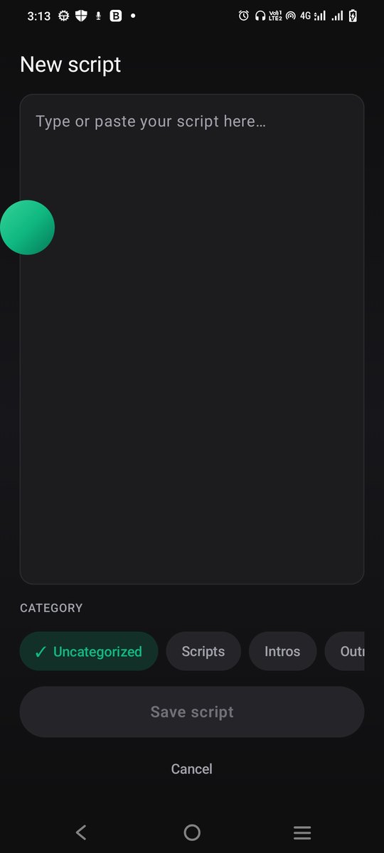 New script screen with a text box and categories